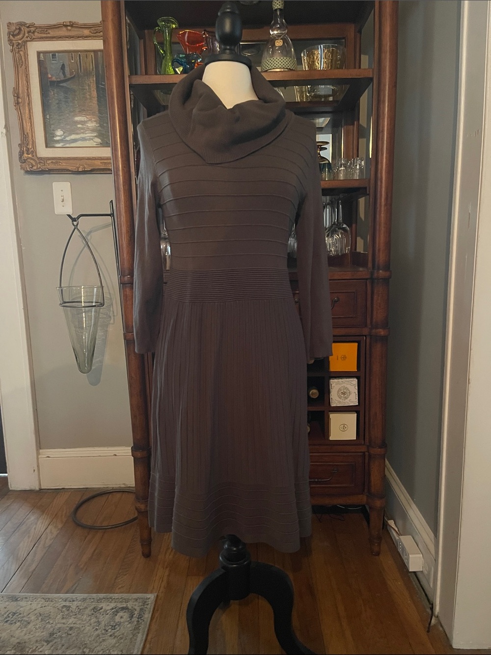 INC International Concepts Olive/Brown Cowl Neck Sweater Dress